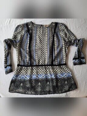 Vintage American Collection Women's Black and Blue Patterned Long Sleeve Top L